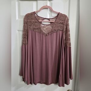 Torrid Super Soft Knit Bell Sleeve Lace Yoke Top Color Walnut